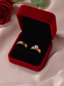 MESTILO 2pcs 18K Plated Stainless Steel 3D Cubic Zirconia Single Rhinestone Couple Rings, Suitable For Festival, Anniversary Gifts For Valentine's Day - Multicolor - View 1