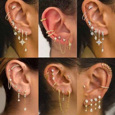 8PCS Huggie Hoop Earrings For Women 18K Golden-Plated Pendant Long Chain Fringe Hoop Earrings Hypoallergenic Cubic Zirconia Pendant Earrings Jewelry Gift