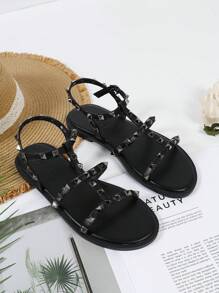 Women's Fashion Open Toe Sandals With Strap, Rivet, Memory Foam Insole, Sexy And Casual Black Flat Sandals