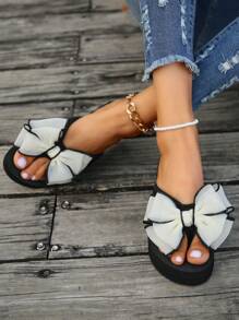 1 Pair Women's Bowknot Thick Sole Fashion Flip Flops High Heel Sandals, Summer