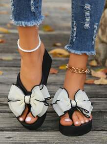 1 Pair Women's Bowknot Thick Sole Fashion Flip Flops High Heel Sandals, Summer