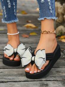 1 Pair Women's Bowknot Thick Sole Fashion Flip Flops High Heel Sandals, Summer