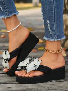 1 Pair Women's Bowknot Thick Sole Fashion Flip Flops High Heel Sandals, Summer