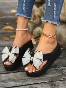 1 Pair Women's Bowknot Thick Sole Fashion Flip Flops High Heel Sandals, Summer
