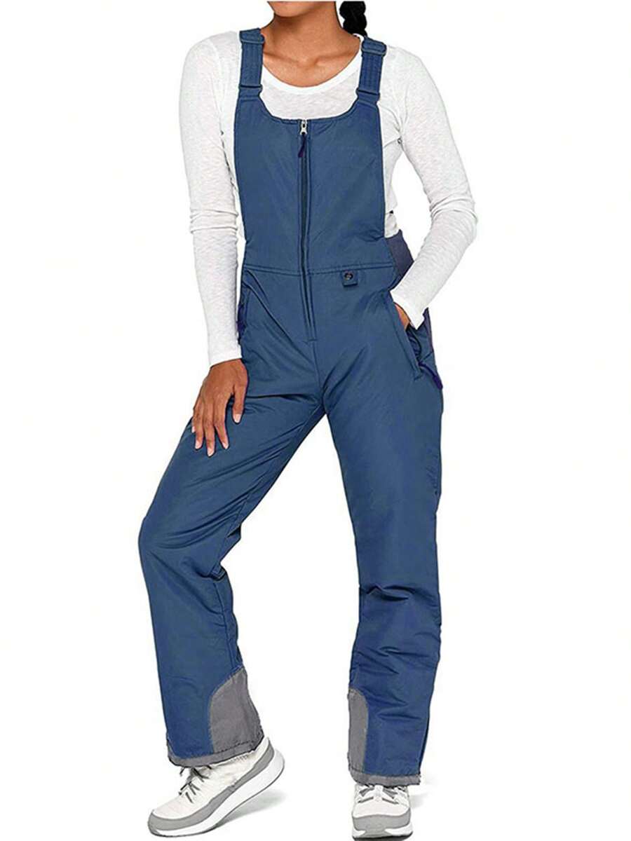 Insulated Bib Overalls For Women's Snow Bibs Ski Waterproof Windproof Insulated Zip Front Adjustable Suspender Straps Overalls Ripstop Snowboard Essential Pants With Pockets Winter - 藏蓝色 - 查看 1