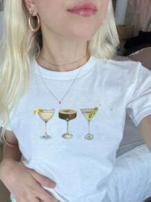 Women's Summer Slim Fit Tops Short Sleeve Crewneck Fruit/Wine Cup Print Short T-Shirt