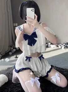 一套（上衣+裙子）学生水手服套装，可爱JK风格（适合体重80-120磅），不含袜子，万圣节、派对礼服