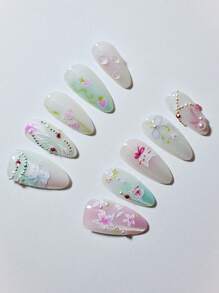 10 件手工制作的欧美风格美甲贴片，采用 3D 花卉、珍珠和水滴闪光设计，双色短杏仁形，适合女士和女孩作为礼物指甲按压指甲