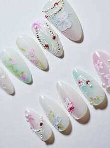 10 件手工制作的欧美风格美甲贴片，采用 3D 花卉、珍珠和水滴闪光设计，双色短杏仁形，适合女士和女孩作为礼物指甲按压指甲