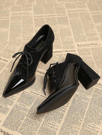 2025 春季新款尖头低帮高跟鞋，优雅简约时尚女鞋，黑色系带布洛克牛津鞋粗跟高跟鞋