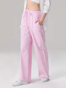 Women Striped Pants Elastic Waist Loose Trousers Streetwear Loungewear With Pockets - 粉色 - 查看 3