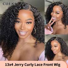 CUEKI 卷曲蕾丝前假发 13x4 高清蕾丝假发 预拔婴儿头发 卷曲卷发人发假发 200% 密度无胶假发 Jerry 卷曲人发 饱满柔软 自然色 - 黑色 - 查看 2