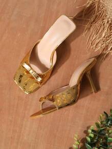 女士方头蝴蝶结细高跟凉鞋，适合派对和休闲穿着，夏季时尚金色高跟凉鞋 - 金色 - 查看 1