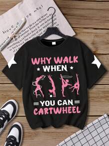 Tween Girl Cartoon Dancer And Slogan Print Crew Neck T-Shirts Spring And Summer Girl's Casual Tee Soft Tops