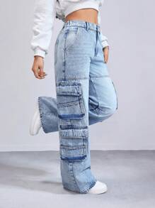 Damskie luźne jeansy cargo z kieszeniami 079