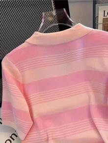 Summer Knit Short Sleeve Polo Collar T-Shirt For Women, Contrast Stripe & Embroidered - Pink - View 2