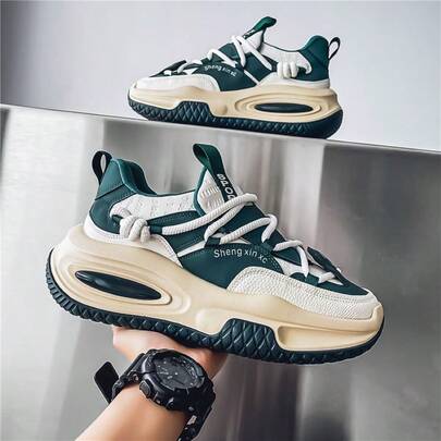 Men's Thick Sole Leather Patchwork Casual Shoes, Chunky Sneakers/Chunky Sneakers, Autumn/Winter