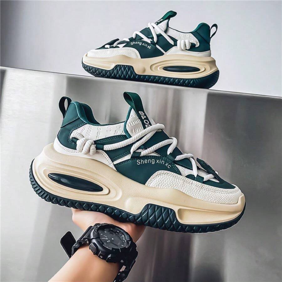 男士厚底皮革拼布潮流休闲鞋，厚底运动鞋/厚底运动鞋，秋冬 - 米綠 - 查看 1