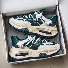 男士厚底皮革拼布潮流休闲鞋，厚底运动鞋/厚底运动鞋，秋冬 - 米綠 - 查看 2