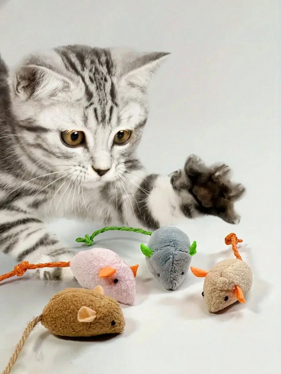 5 Packs Plush Mouse Toys For Indoor Cats, Scratch & Bite Resistant Polyester Interactive Pet Play Toys, Assorted Colors, Realistic Design, No Battery Needed, Fun Mouse Design For Small Breeds - Multicolor - View 1