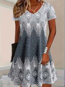 Women's Floral Print T-Shirt Dress, V-Neck Beach Cover Up, Boho Style, Summer