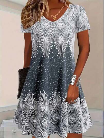 Women's Floral Print T-Shirt Dress, V-Neck Beach Cover Up, Boho Style, Summer