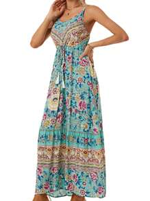 Women Sleeveless Boho Dress Casual Summer Floral Print V-Neck A-Line Party Dress For Vacation Cocktail Beach Streetwear - Blue - View 4