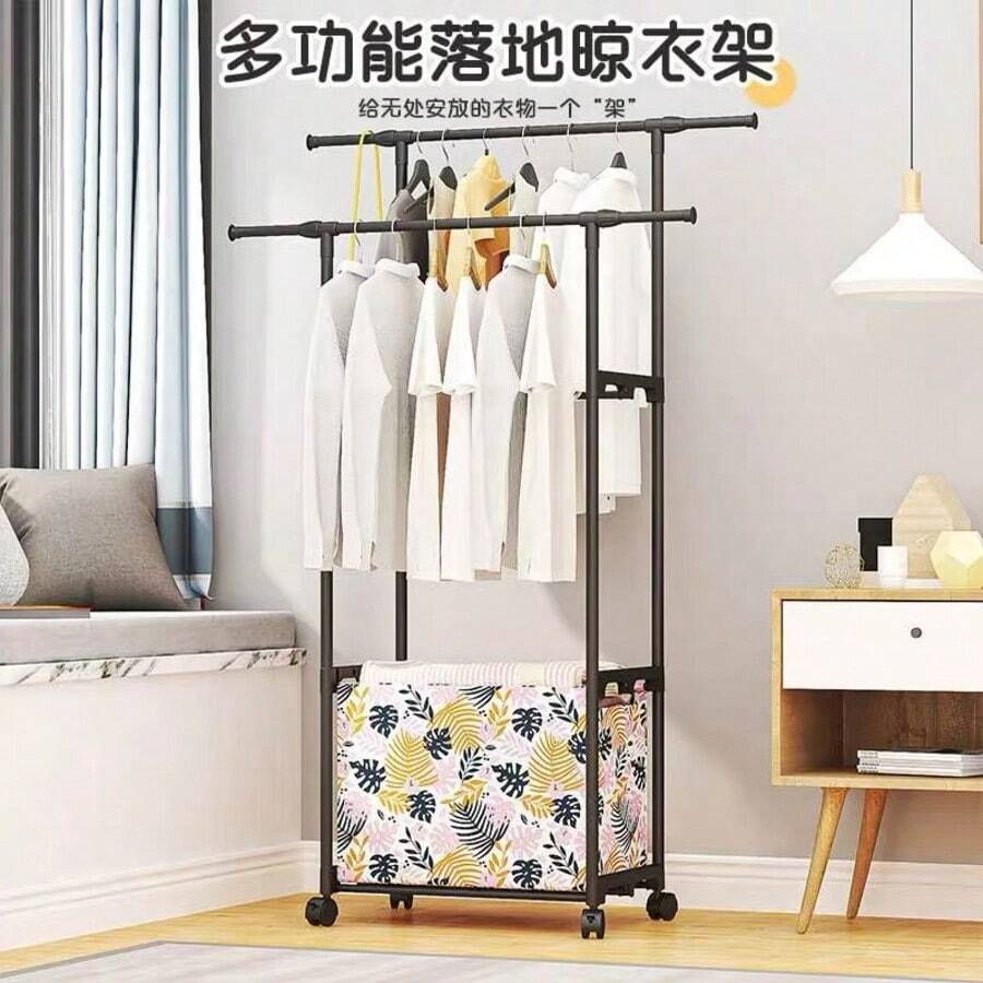 Perchero Para Ropa, Organizador de Ropa con Rueda, Perchero de Doble Barra para Ropa, Estante De Ropa Ajustable De Doble Barra Con Estantes De 3 Niveles, Organizador de Ropa con Ruedas - Negro - Ver 1