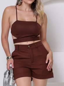 Gason Fashions Women's Linen Short And Crop Top Set - 鏽棕色 - 查看 3