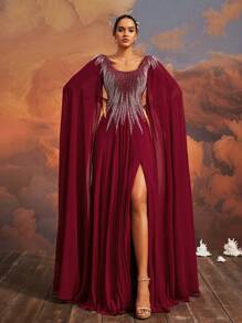 VIPGIRL Luxurious Nude Burgundy Cape Sleeve Evening Gown With Beaded Bodice And Lace-Up Back Women Formal & Evening Dresses, Elegant Prom Dresses For Women, Party Dress, Wedding Guest Dress - Burgundy - View 9