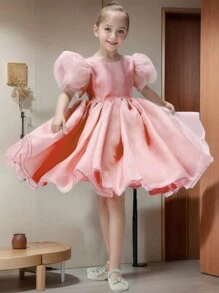 1pc Beautiful Puff Sleeve Toddler Girls Party Dress, Elegant V-Neck Backless Birthday Evening Gown With Puff Skirt, Suitable For Wedding, Pageant, Stage Performance, Banquet