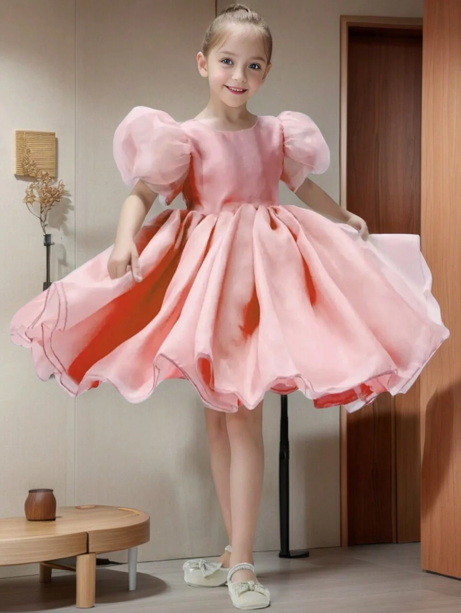 1pc Beautiful Puff Sleeve Toddler Girls Party Dress, Elegant V-Neck Backless Birthday Evening Gown With Puff Skirt, Suitable For Wedding, Pageant, Stage Performance, Banquet