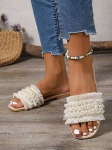 1 双时尚优雅度假流苏平底女凉鞋，带珍珠的沙滩夏季鞋，室内拖鞋，针织鞋面，柔软中底，旅行和度假，时尚休闲，仙女风格，夏季平底拖鞋