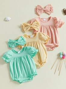 Baby Girl Summer Outfits Short Puff Sleeve Round Neck Solid Color Romper With Headband Set Newborn Clothes - Yellow - View 2