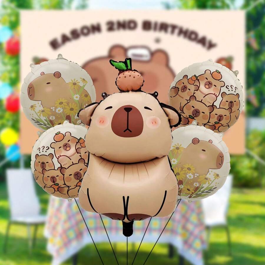 5pcs Capybara Shaped Foil Balloons, Suitable For Birthday Party, Capybara Party, Water Park Party - Multicolor - View 1