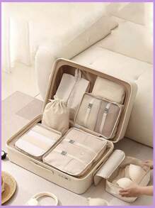 7 合 1 旅行收纳套装,大容量行李袋,鞋袋,洗漱包,化妆包,手提袋,收纳袋,可收纳口红、化妆刷、眼影、镜子、眼线笔、唇彩、护肤品、牙刷、杯子、肥皂、洗发水、梳子、手表、手机、项链、珠宝、数码产品 - 彩色 - 查看 8