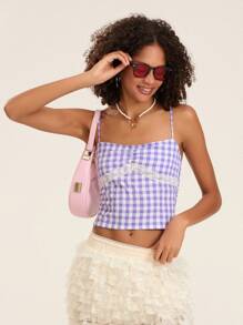 Cottage Plaid Print Spaghetti Strap Y2K Aesthetic 00s Retro Grunge Tank Tops - Purple - View 2