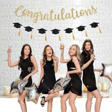 Bannière de félicitations 2025 Décorations de remise des diplômes Paillettes d'or Félicitations diplômé Remise des diplômes avec gland Décoration de fête Faveurs de fête de remise de diplôme universitaire Noir