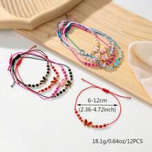 12pcs Colorful Butterfly Crystal Handmade Braided Bracelets Set, Cute Fashion Accessory For Women, Leisure, Holiday, Birthday Gift