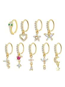 1/9/18 Pcs Heart & Flower L-Shaped 18K Gold Plated Copper Zirconia Nose Stud/Hoop Nose Rings, Suitable For Women's Daily Wear And Gift - Multicolor - View 17