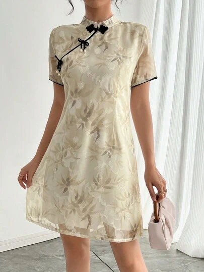 Women Cheongsam Dress, Double Layer, Jacquard Craftsmanship, Breathable Short Sleeve, Zipper, Short Length, Elegant, Suitable For Wedding, Party, Slim-Fit, Arabic Middle East Dress