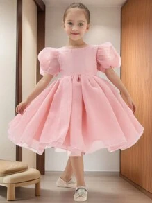 1pc Beautiful Puff Sleeve Toddler Girls Party Dress, Elegant V-Neck Backless Birthday Evening Gown With Puff Skirt, Suitable For Wedding, Pageant, Stage Performance, Banquet