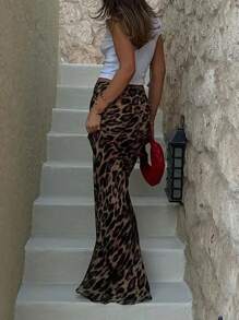 Women's Summer Bodycon Long Skirt Casual Mid Waist Leopard Print Slim Fit Skirt Elegant Midi Skirt - 深棕色 - 查看 2