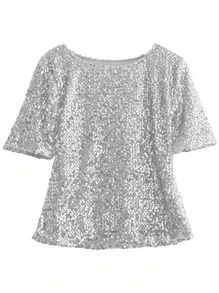 Women Summer Top Shirt, Sequin Short Sleeve Round Neck Loose T-Shirt, Sloping Shoulder Glistening Wild Fashion Top - 銀灰色 - 查看 1