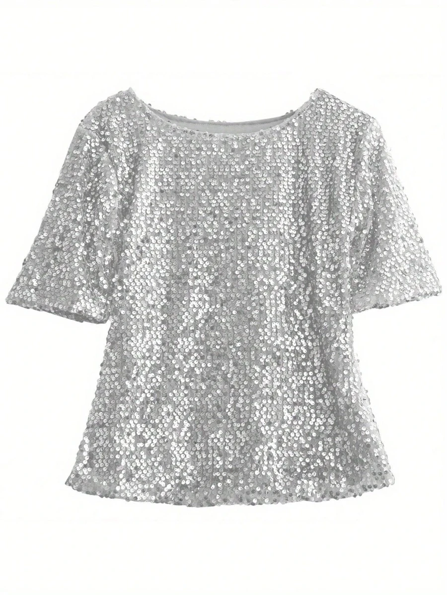 Women Summer Top Shirt, Sequin Short Sleeve Round Neck Loose T-Shirt, Sloping Shoulder Glistening Wild Fashion Top - 銀灰色 - 查看 1