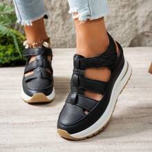 1 双女士夏季休闲厚底坡跟凉鞋，钩环易穿脱，软底防滑隐形高跟鞋 - 黑色 - 查看 4