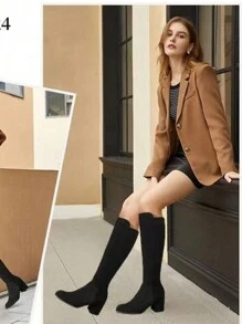 Comfortable Suede Over-The-Knee Boots, Classic All-Match Fashionable Perfect With Black Dress Ladies Round Toe Side Zipper Boots,Match Any Dress Black Chunky Heel Equestrian Knee-High Boots For Women