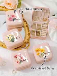 1pc Personalized Name Jewelry Box For Bridesmaids,Personalized Travel Jewelry Box,Birth Month Flower Jewelry Case,Bridal Party Proposal Gift - Baby Pink - View 2