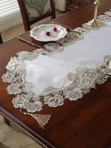 1PC White And Two Color Peony Flower Lace Table Runner, Table Runner, Decorative Tablecloth For Dining Table, Desk, Coffee Table, Dresser, Interior Decoration, Seasonal Decoration, Home, Party, Wedding, Outdoor Furniture - White - View 2