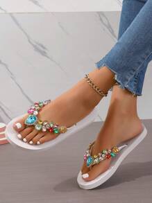 Tongs de luxe à chaîne de cristaux multicolores de conception originale, souples et antidérapantes, style fée de villégiature, chaîne décorative amovible, sandales d'été 2025 pour dames (Matériel)